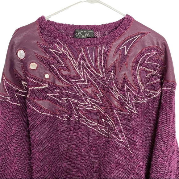 Vintage 80s 90s Retro Momcore Sweater Womens Medium Purple Leatger Embroidered - Picture 3 of 10